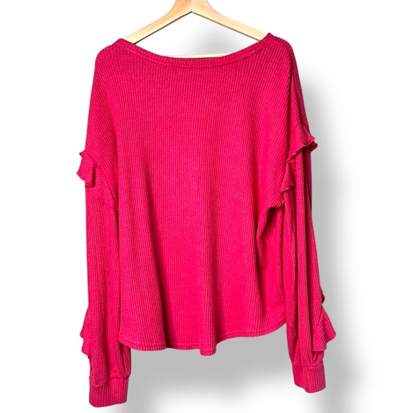 ANTHROPOLOGIE PILCRO Pink Waffle Knit Long Sleeve Tee Ruffle Sleeve Detail Sz XL - Picture 4 of 11